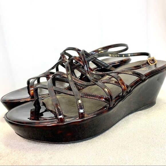 STUART Weitzman tortoise patent strappy wedge sandal Sz 8 - Picture 3 of 10